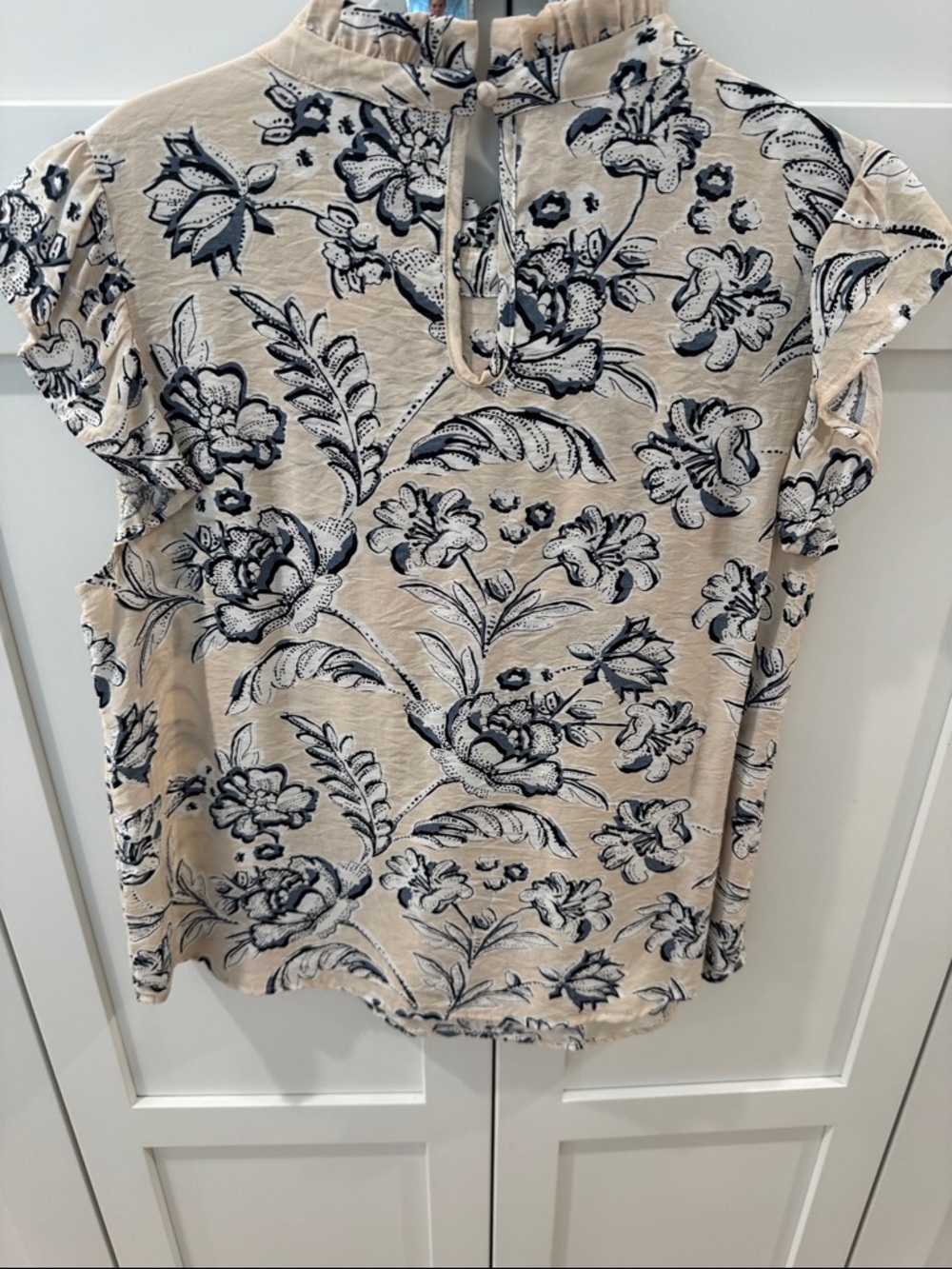 THML Beige flutter sleeve Blouse with Red Floral Embroidery - Picture 3 of 5